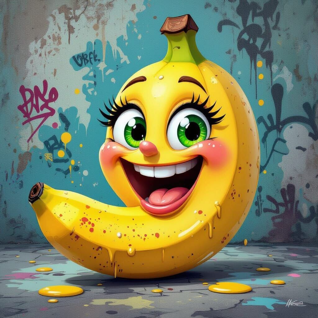 3D Cartoon Banana Laughing in Modern Graffiti Style