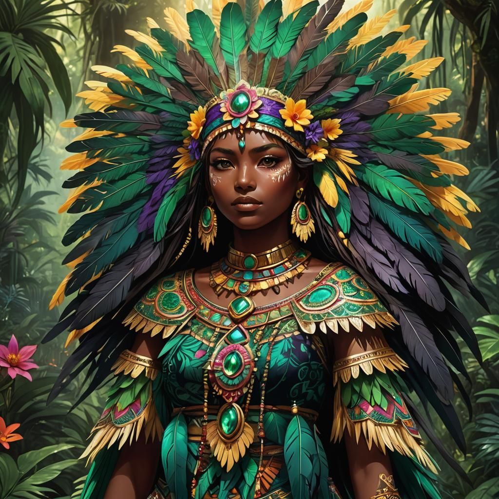 Aztec Anime Girl in Mystical Jungle, Cel-Shaded Style
