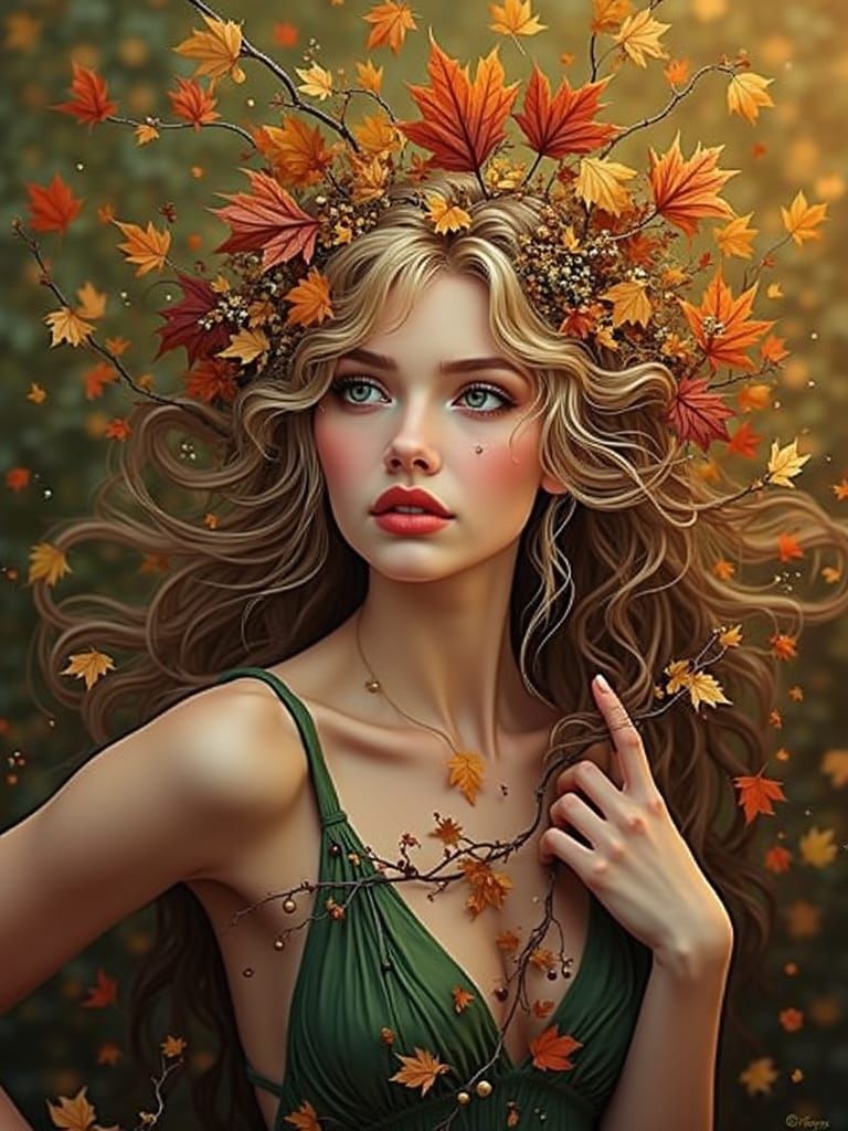 Art Nouveau Autumn Lady in Green Dress with Fall Leaves