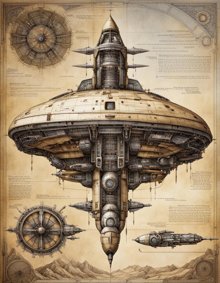 Detailed Spaceship Blueprint in Leonardo da Vinci Style
