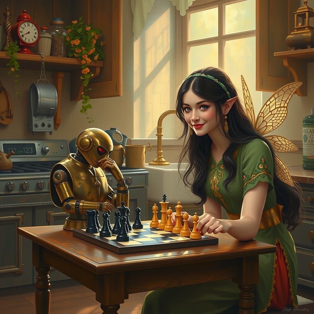 Victorian Fairy Plays Chess with Brass Robot in Oil Painting...