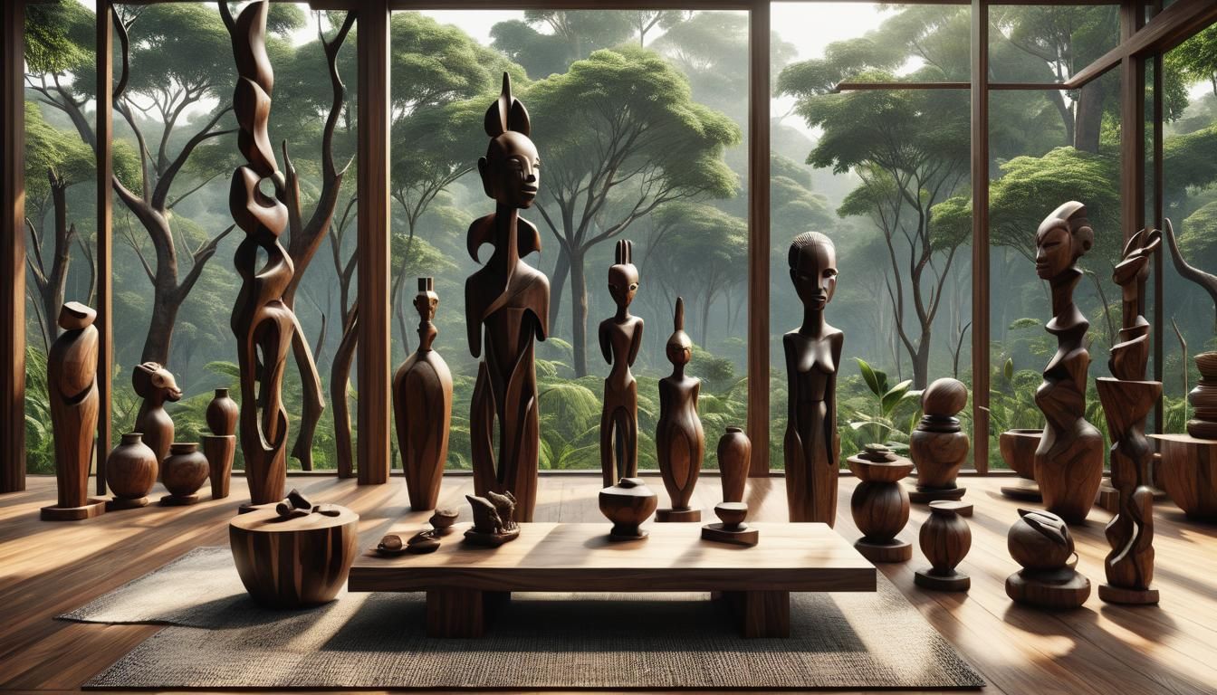 African Wood Sculptures in Hyperrealistic Forest Scene