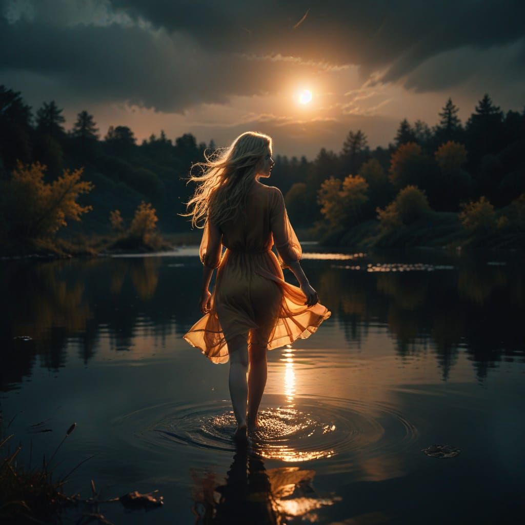 Ethereal Woman Under a Blood Moon