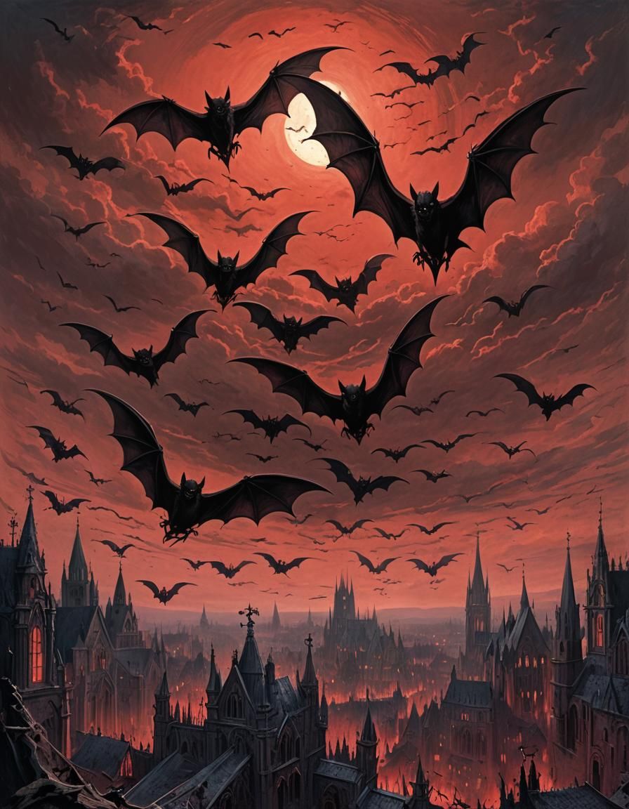 Gothic Vampire Bats in Red Sky, Horror Art
