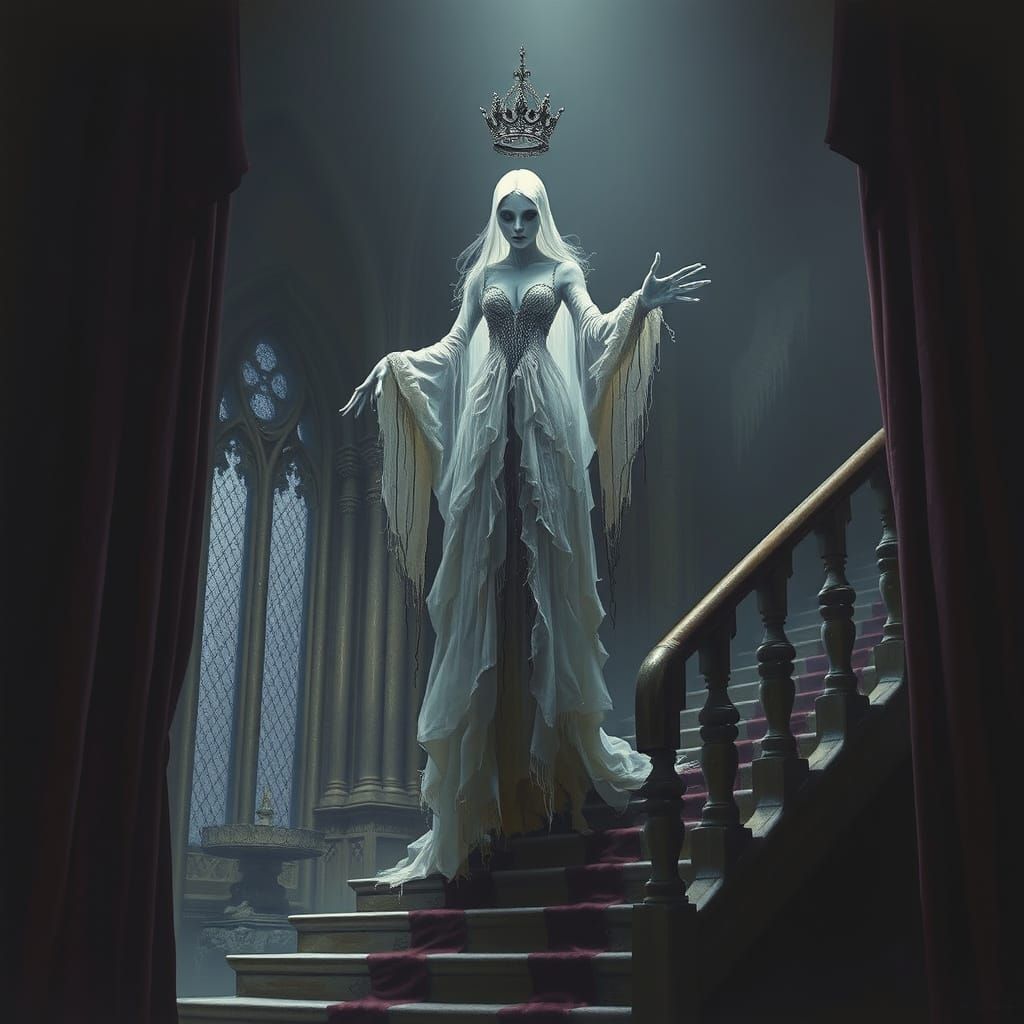 Ghostly Queen Levitation in Dark Cathedral, Ethereal Horror
