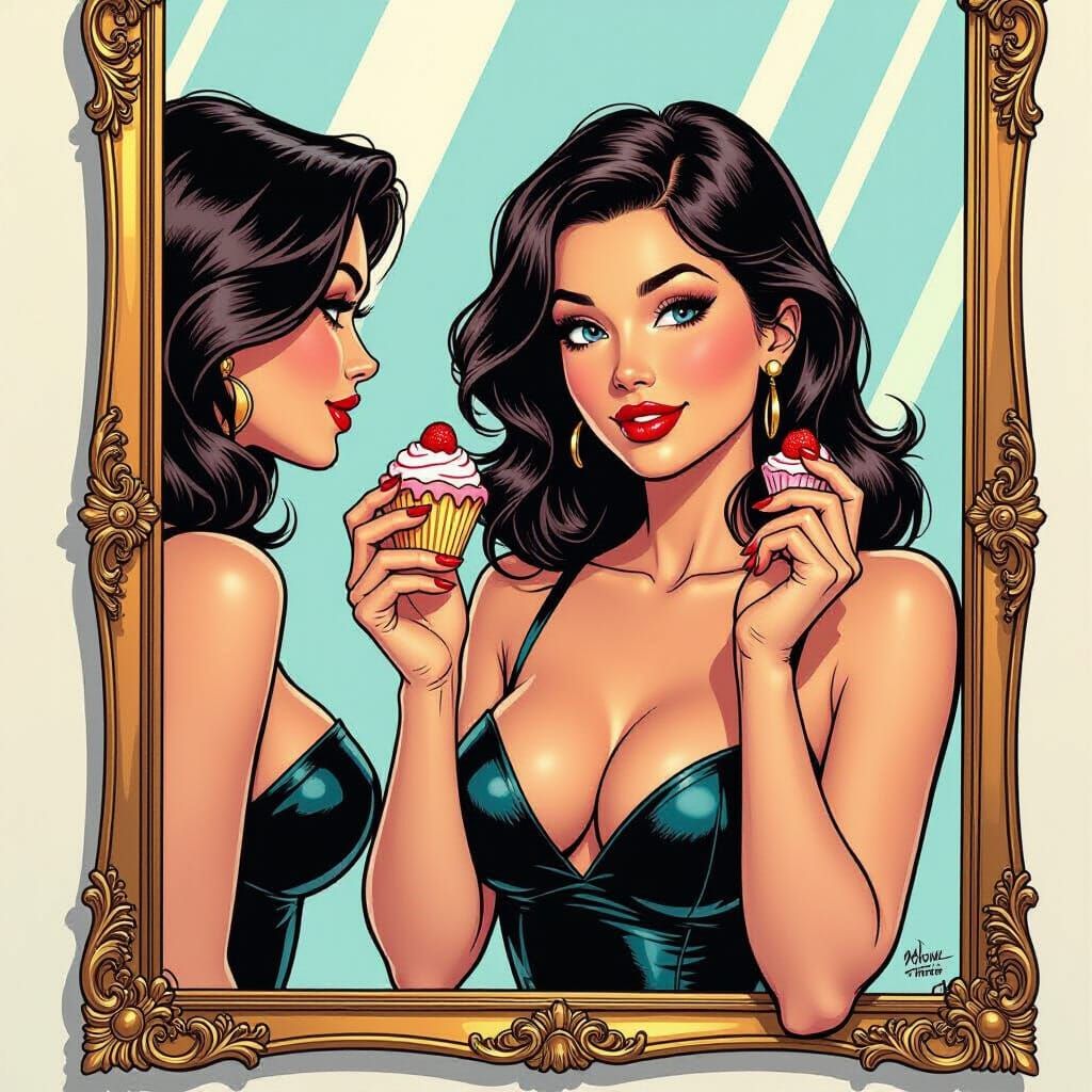 Confident Woman Posing in Mirror, in Comic Book Art