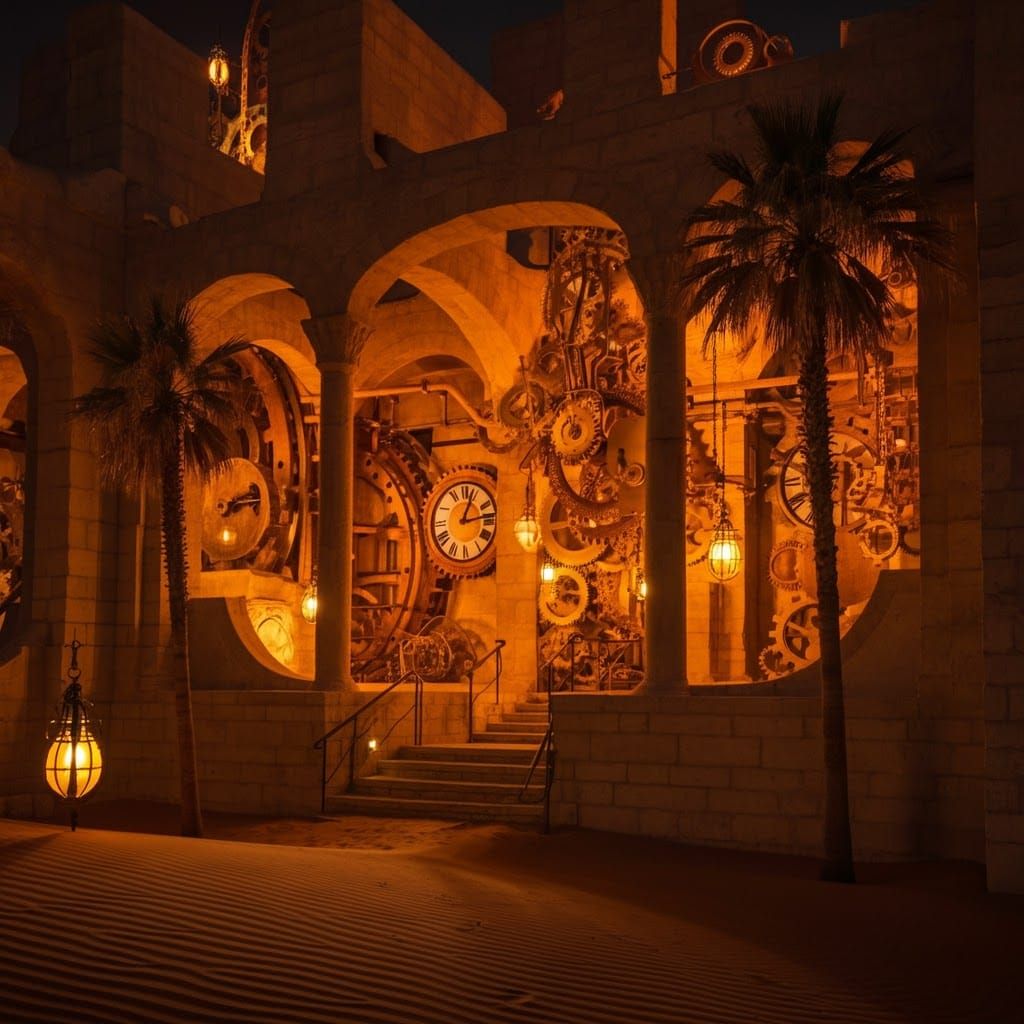 Stone building with arches, clock, gears, and warm lighting at dusk.