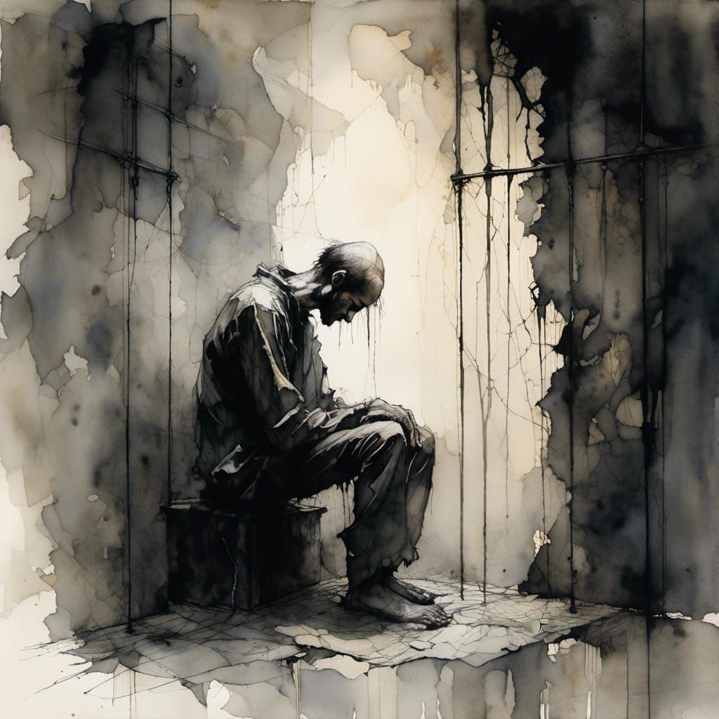 <lora:Dark:0.6> A disheveled man crouches in a cramped prison cell, harsh charcoal lines accentuating his gaunt features...