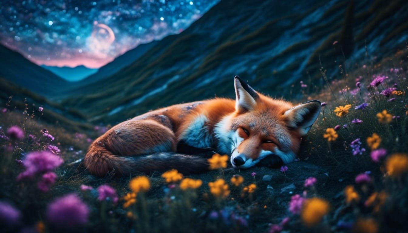 Glowing Fox Sleeping in Wildflower Meadow