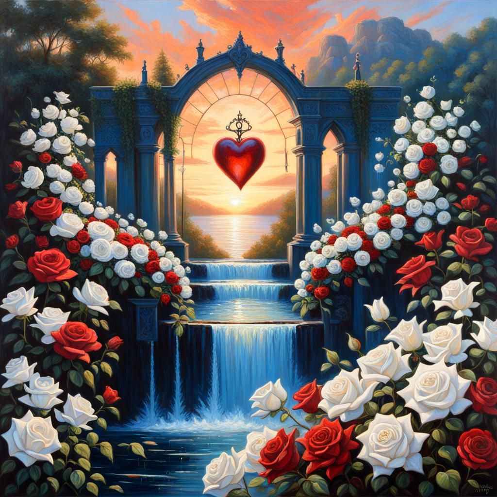 Romantic Gothic Heart Surrounded by Roses, Oil Painting