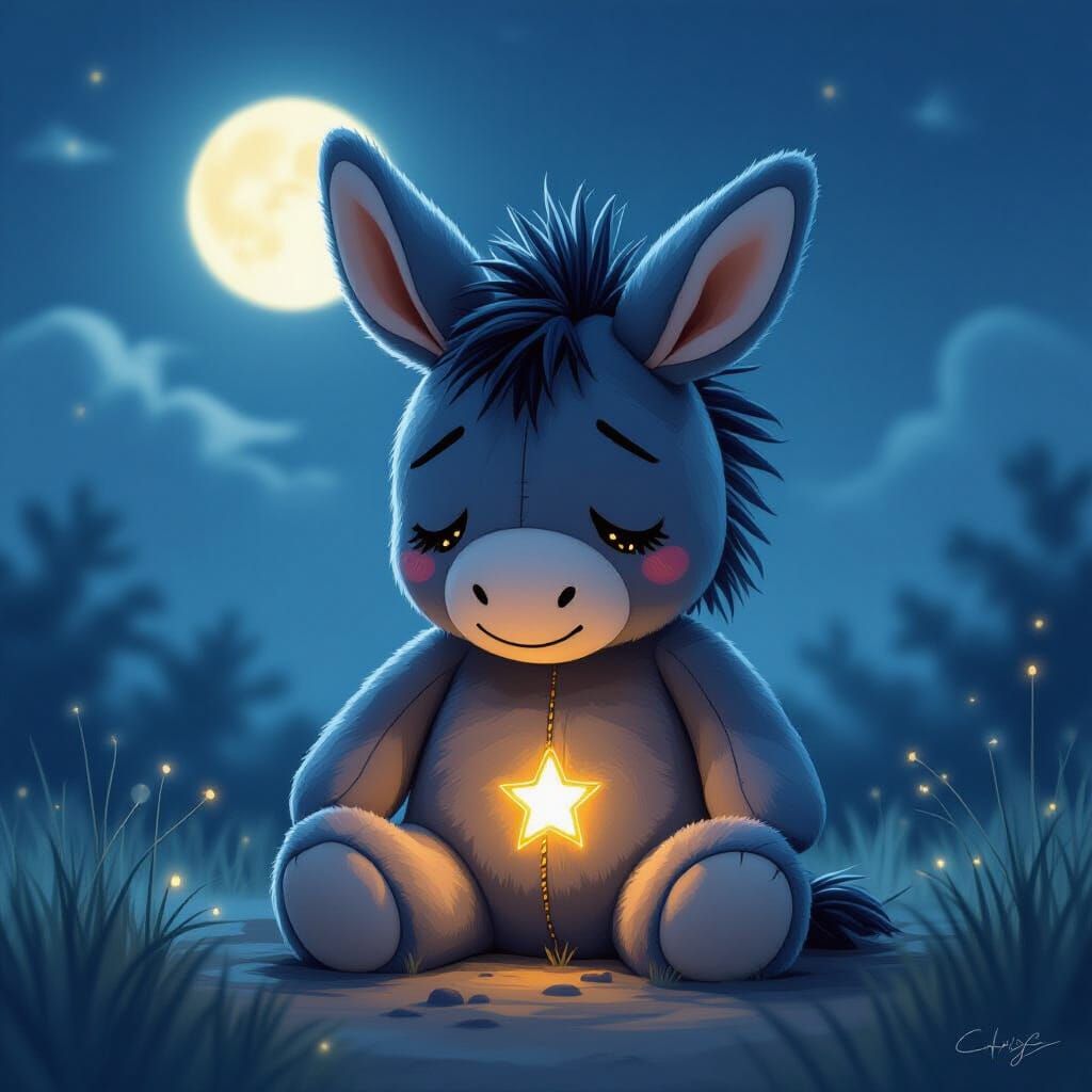 Grief-Stricken Donkey Plushie Under Ethereal Moonlight