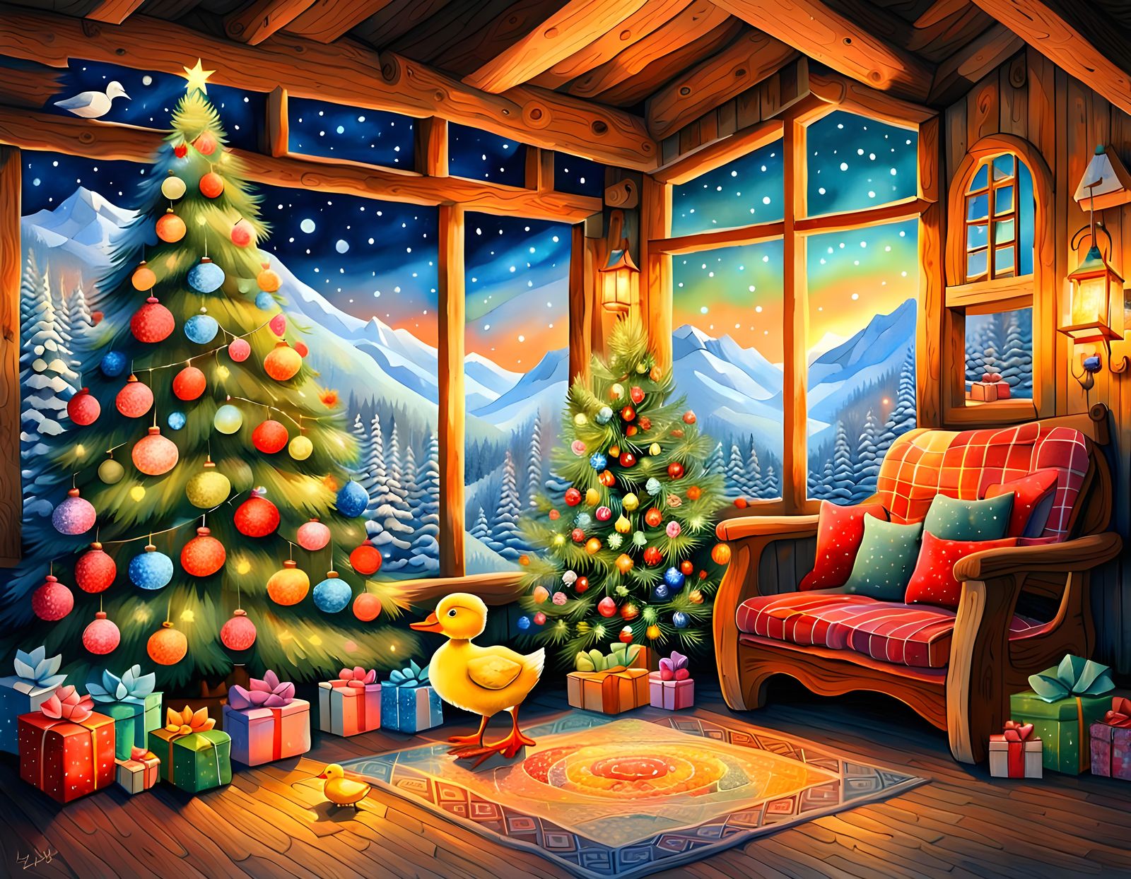 Vibrant Christmas Chalet Scene in Aquarelle Style