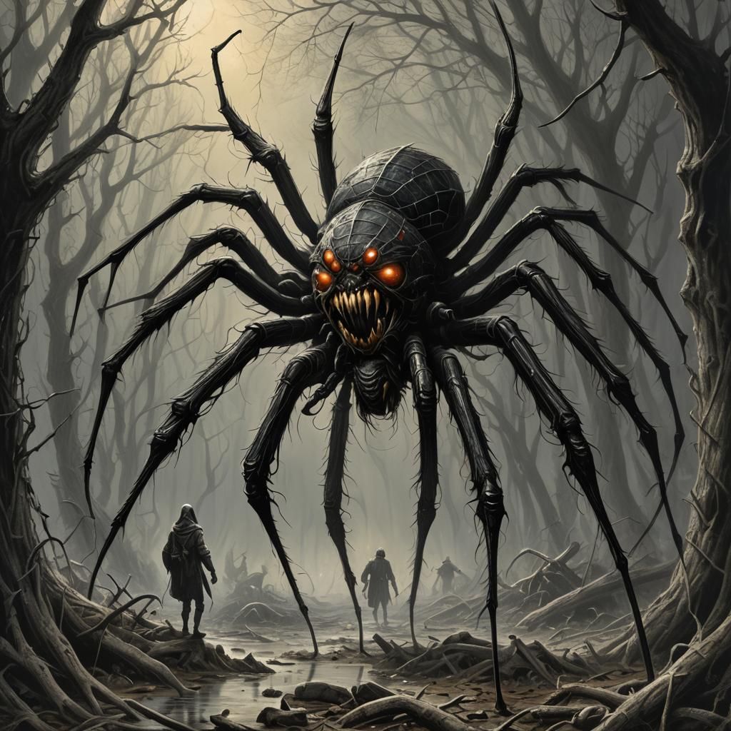 Horrific Bipedal Spider in Engraving Style