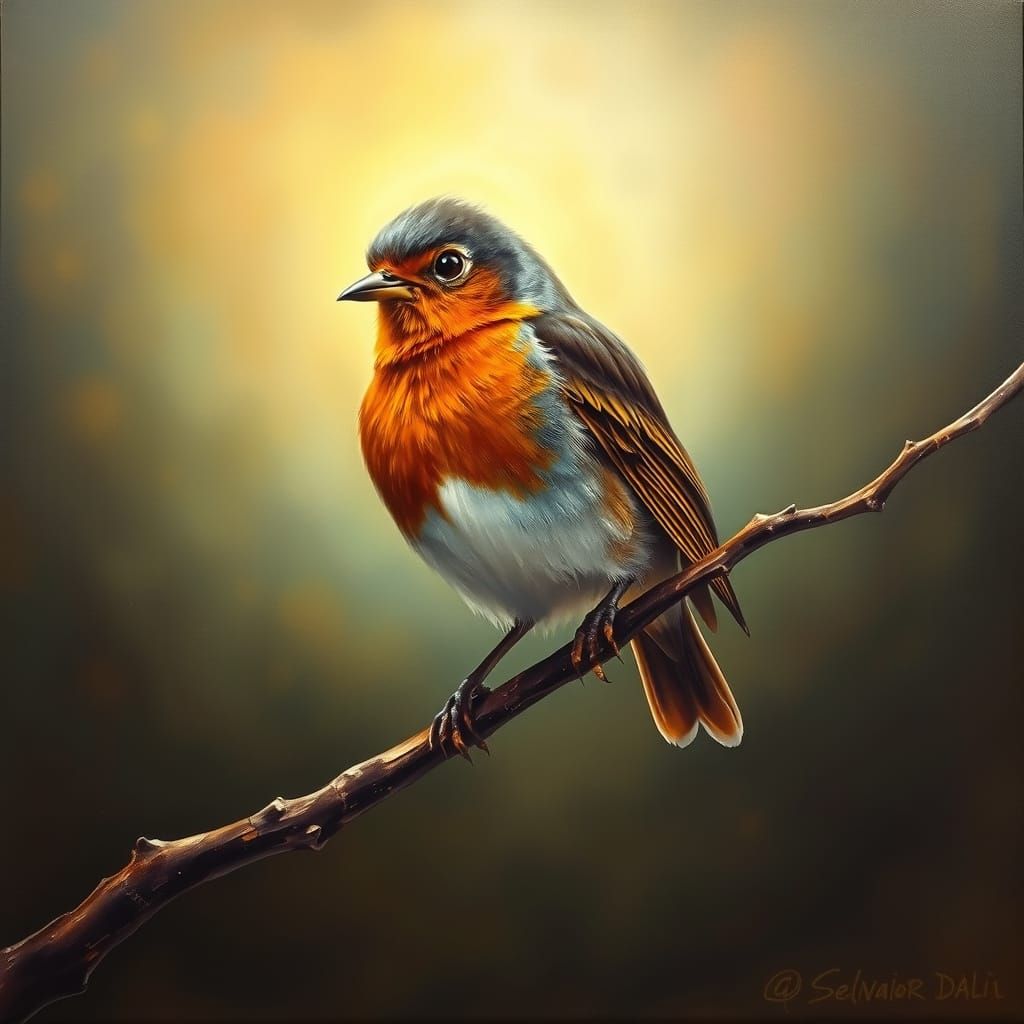 Robin on Branch in Surrealist Style