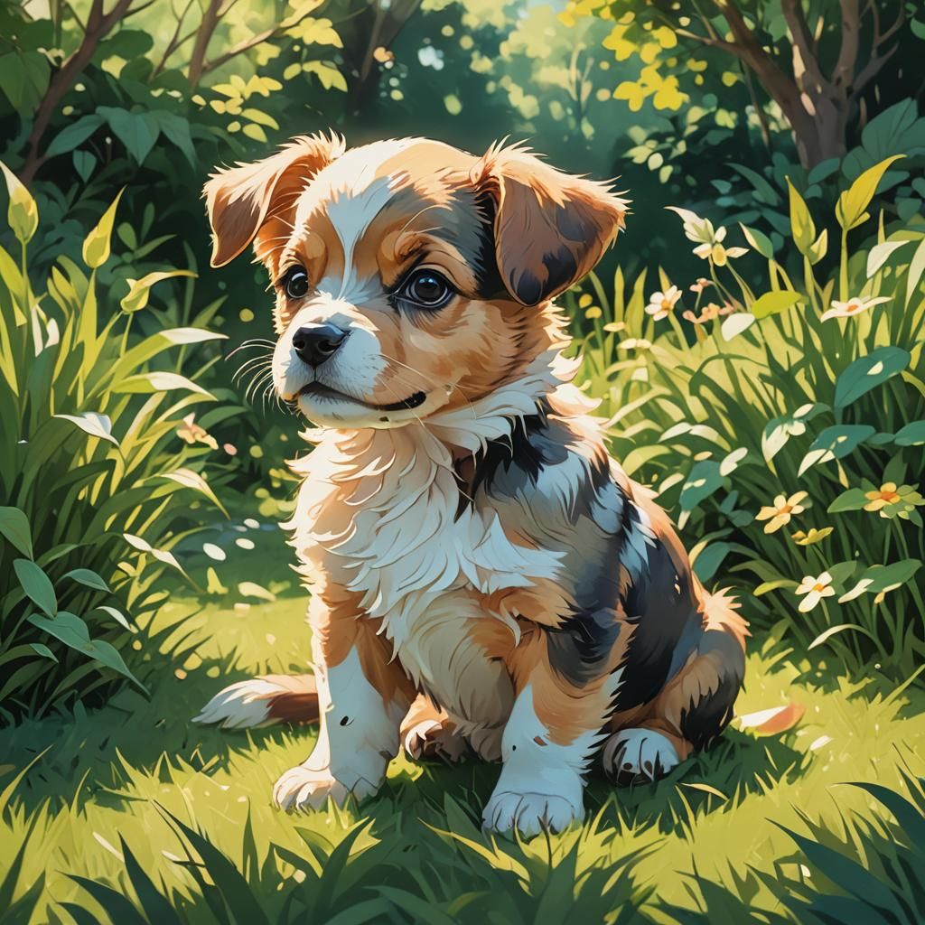 Anime Puppy in Sunlit Garden, Studio Trigger Style