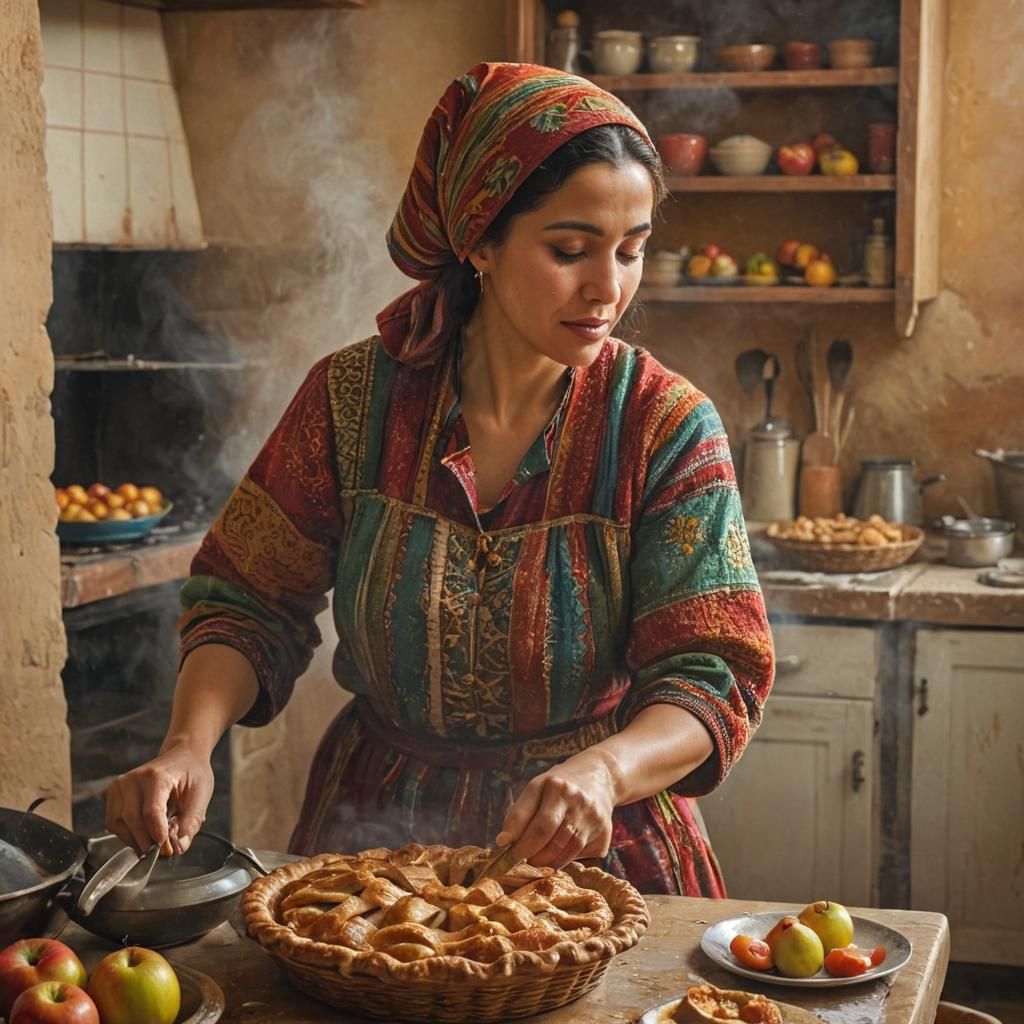 Moroccan Mother Baking Apple Pie in Folk Art Style