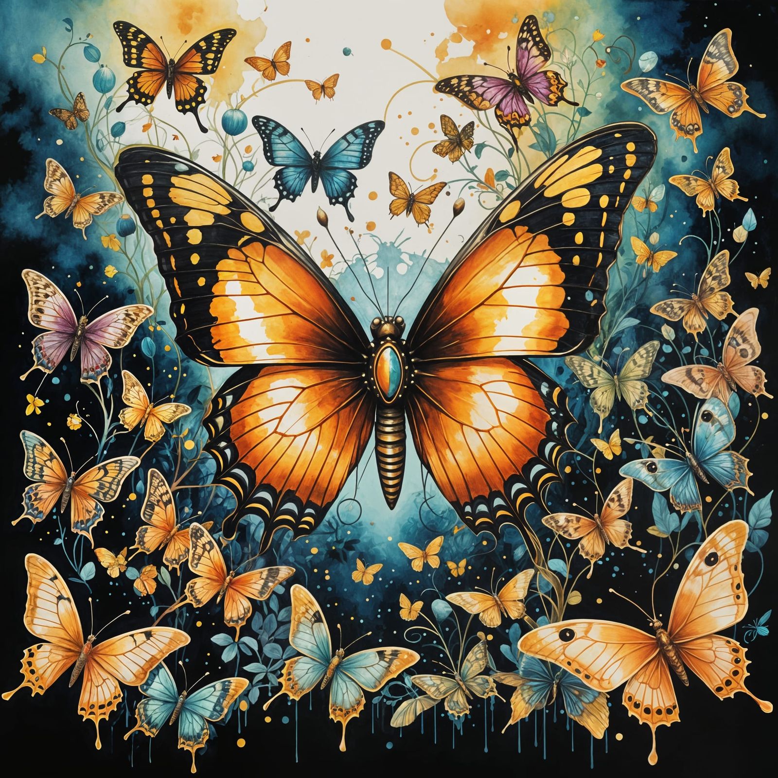 Cyberpunk Watercolor Iron Butterfly in Neon Hues