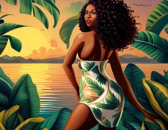 Bohemian Woman with Banana Leaves in Splash Art