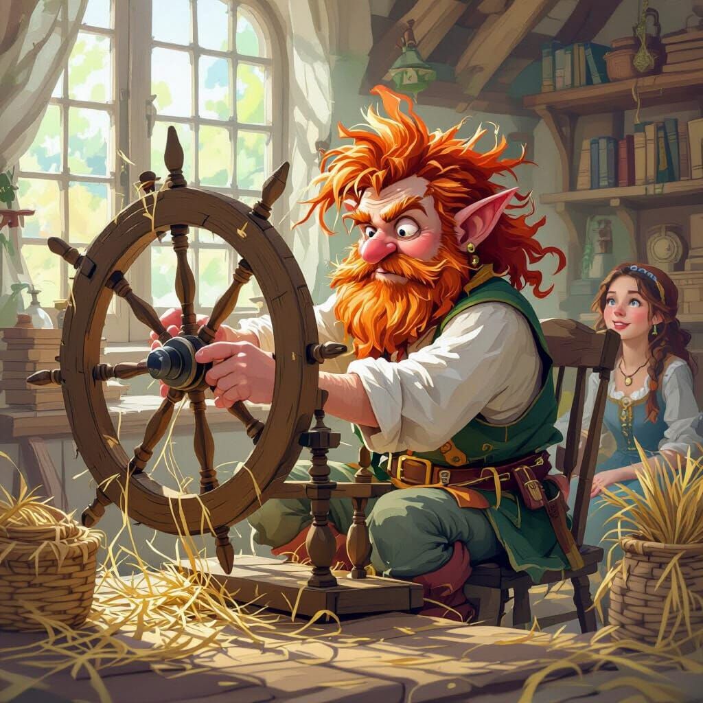 Rumpelstiltskin Spins Straw into Gold at Spinning Wheel