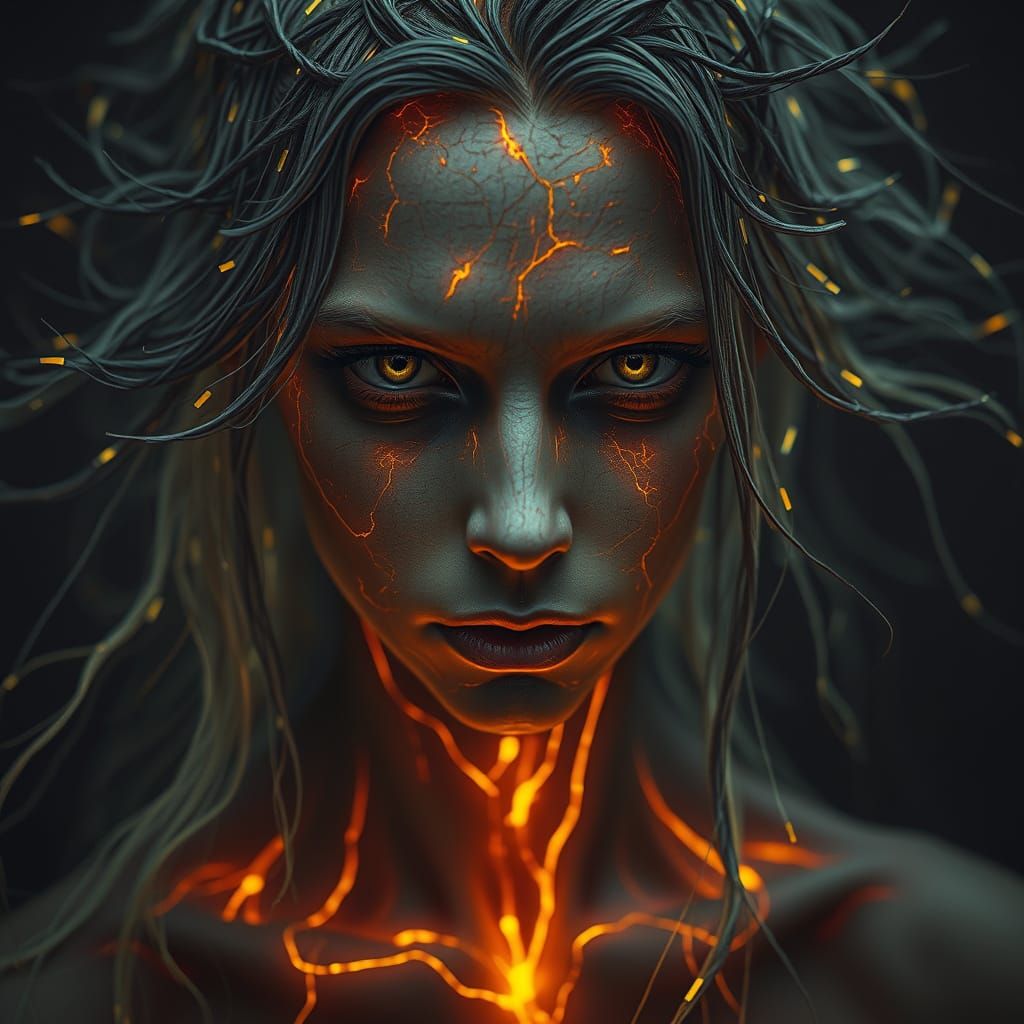 Surreal Portrait of a Figure with Glowing Veins in a Hauntin...