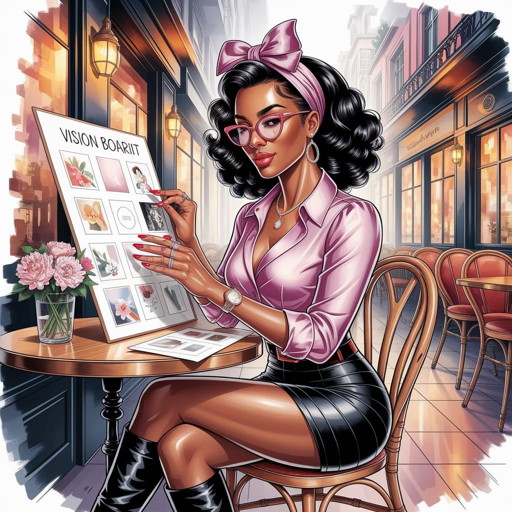 African American Woman Crafts Vision Board in City Cafe