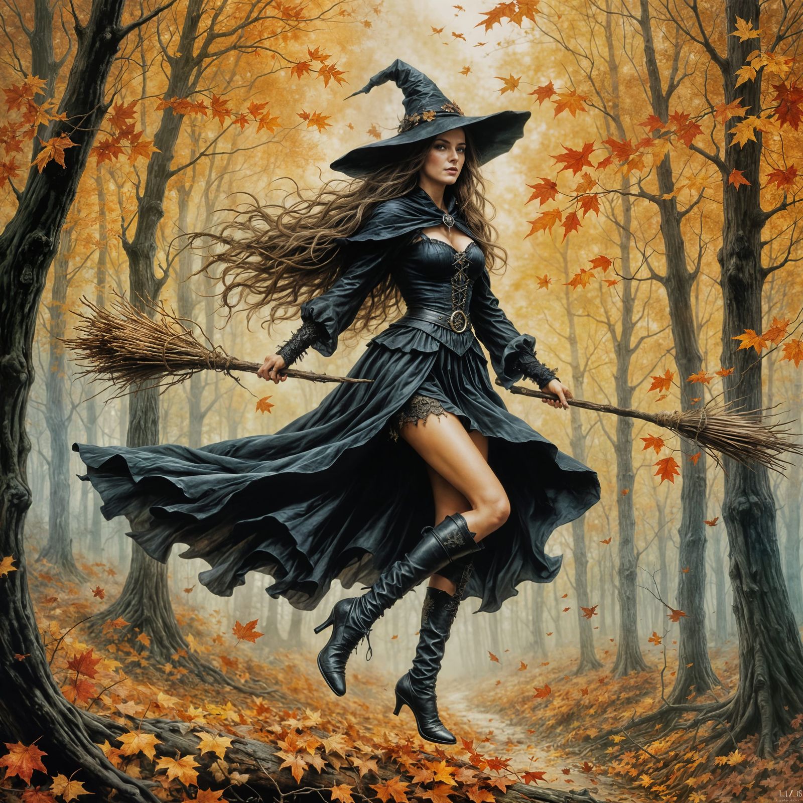 Autumn Witch Flying Over Forest, Dark Fantasy Style