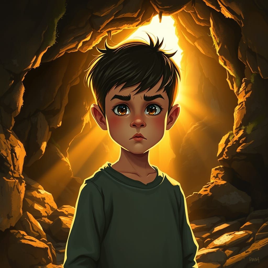 Young Boy Contemplates in Cave Sunrise