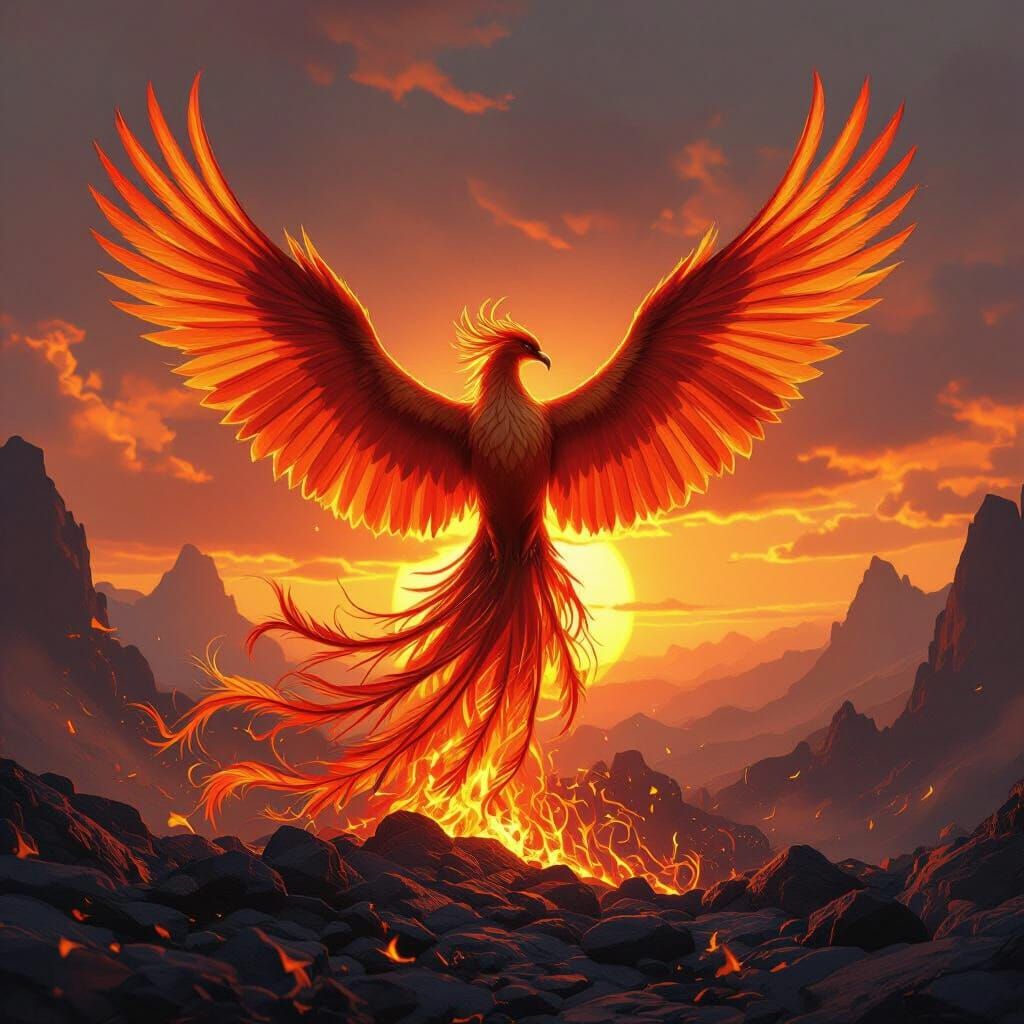 Majestic Phoenix Rises From Ashes in Golden Sunset