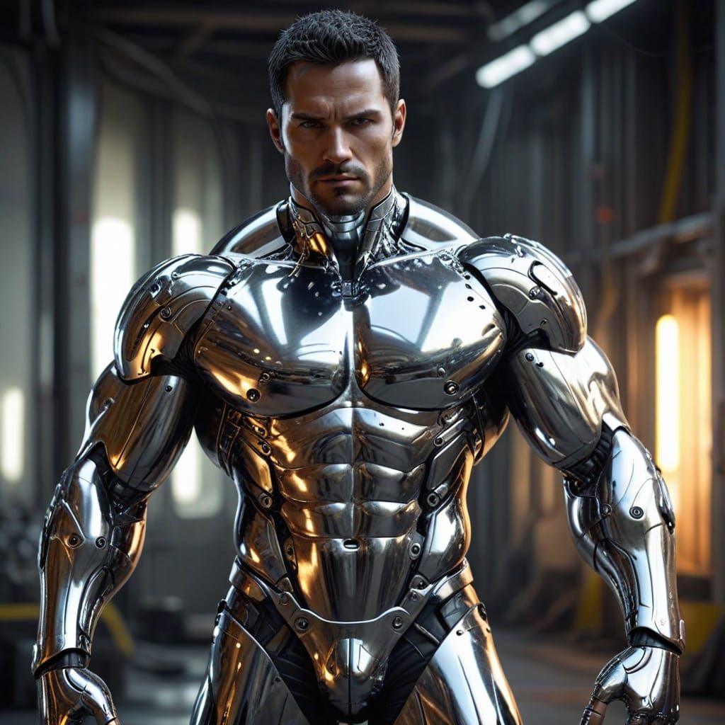 A rugged android beefcake, entirely made of chrome, realistic, the light gleaming on his handsome chrome features. sci-f...