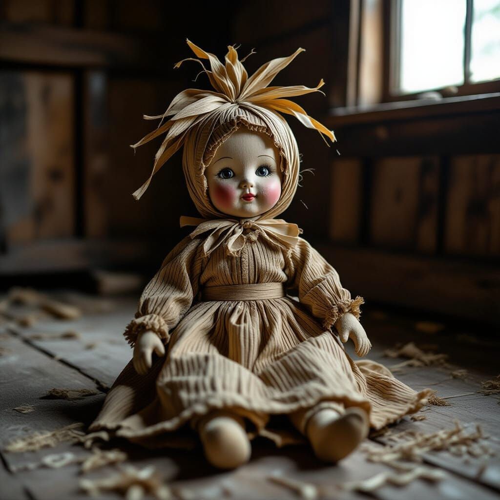Creepy Corn Husk Doll in Dusty Room