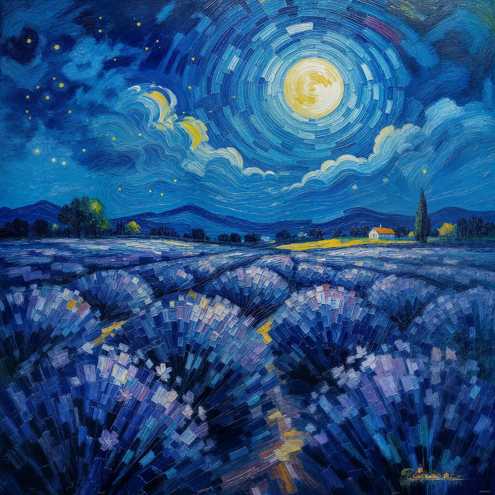 Evening Purple Jasmine Field with Fireflies