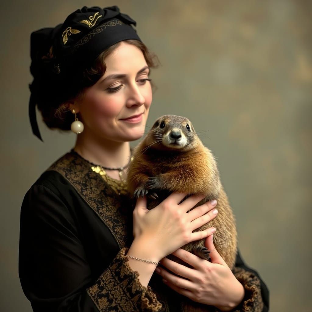 Edwardian Woman Holding a Marmot Portrait