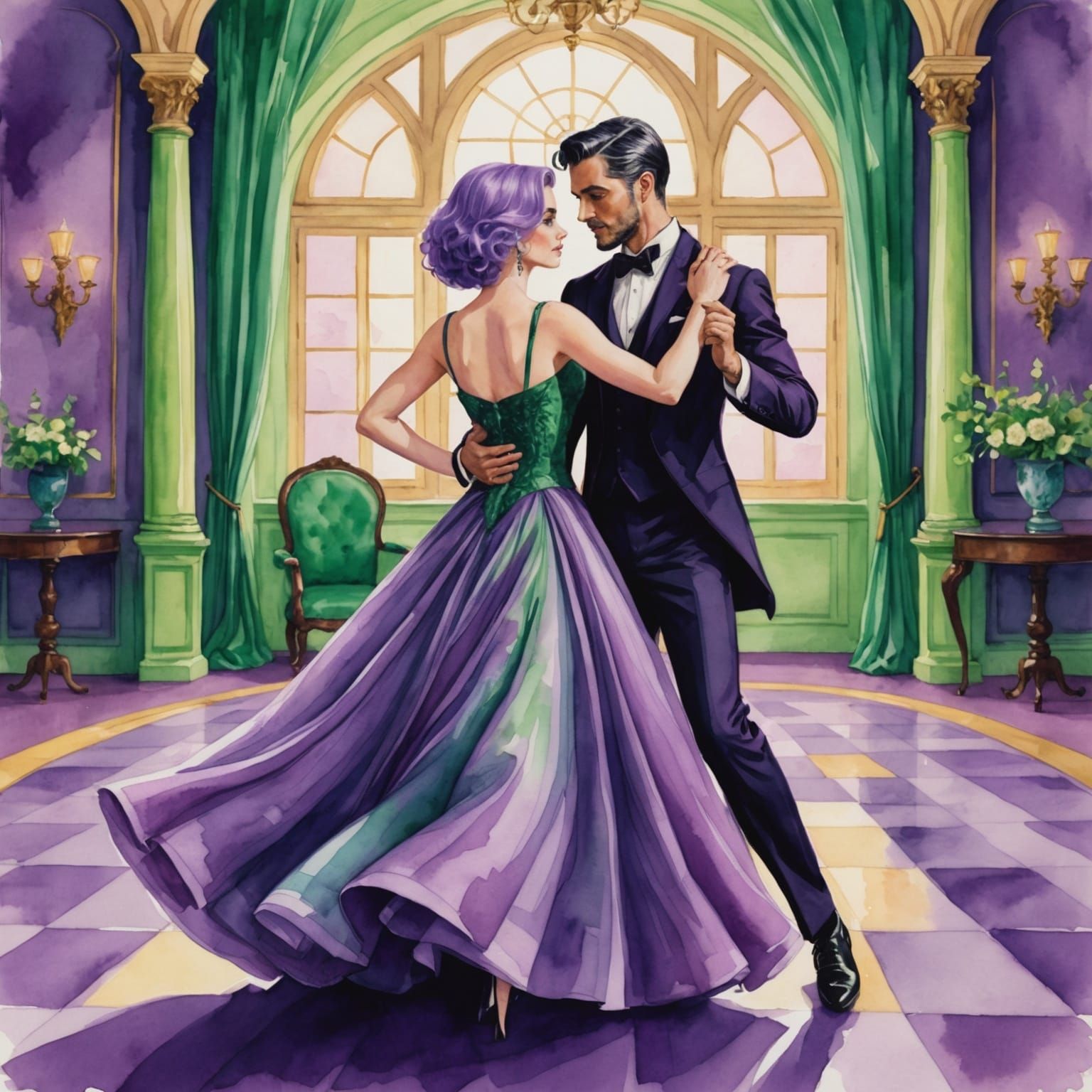 Watercolor Painting of a Dancing Couple in Ballroom