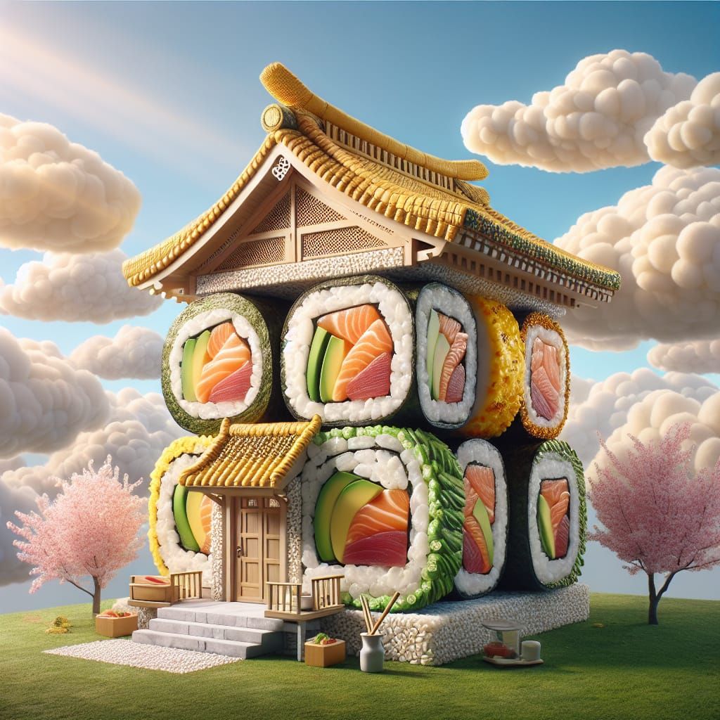 Whimsical Sushi House Amidst Blossoming Sakura
