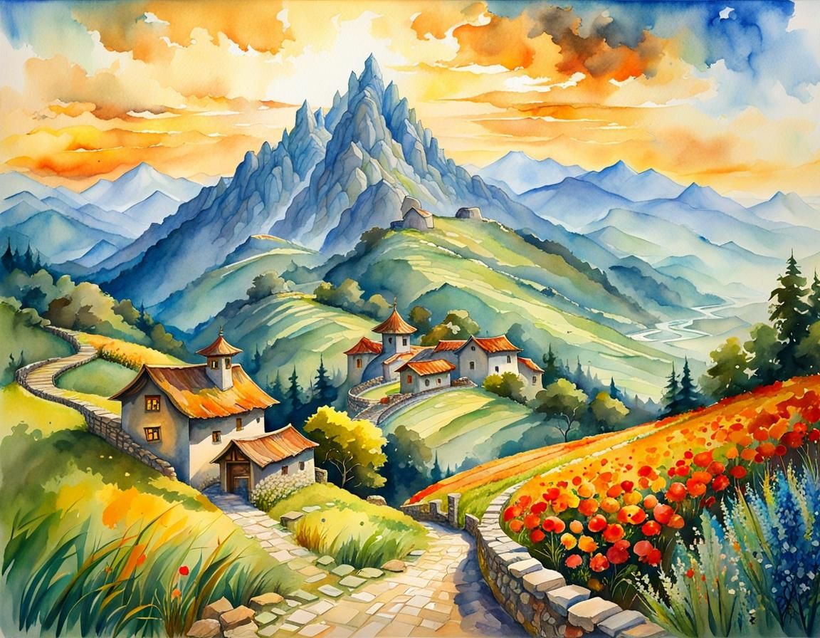 Sunlit Path to Mountain Village: Watercolor Landscape
