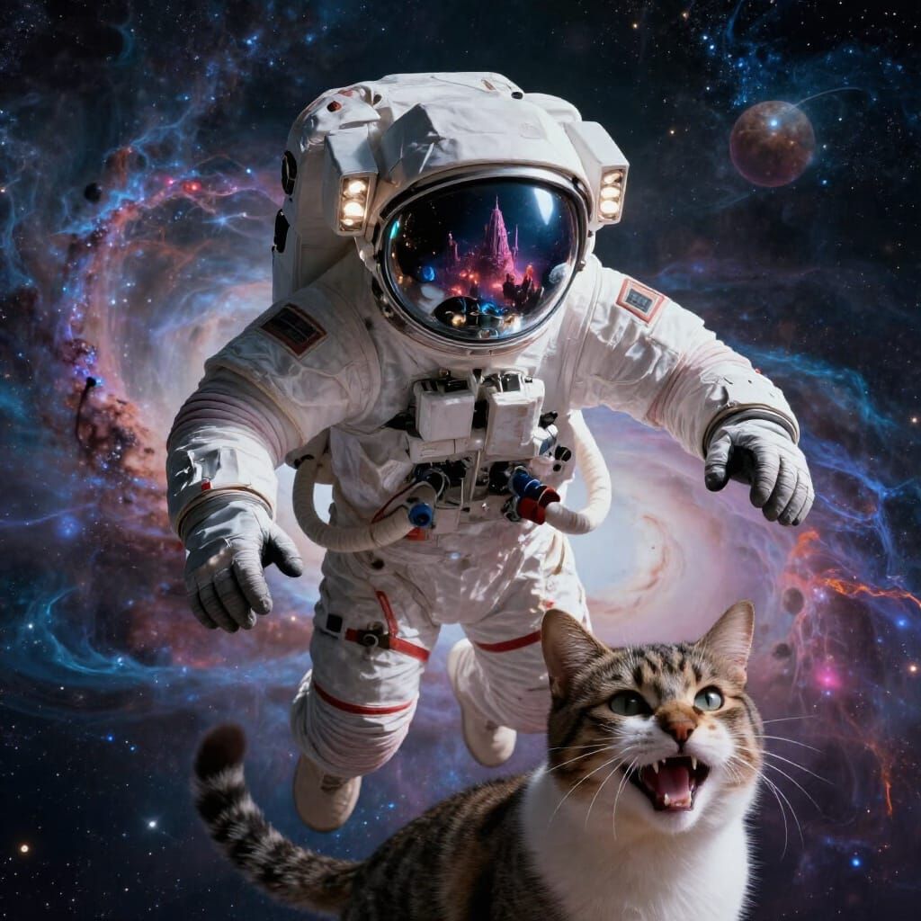 Astronaut Adrift in Bioluminescent Nebula with Alien City Re...