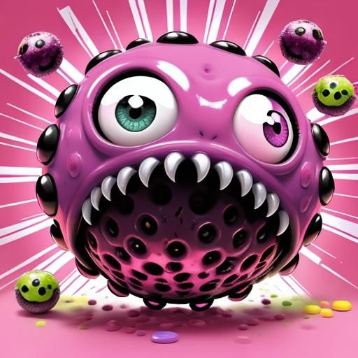 sphaghettie monster with skittle's eye's. brain meatballs. pink background max dpi splash art.