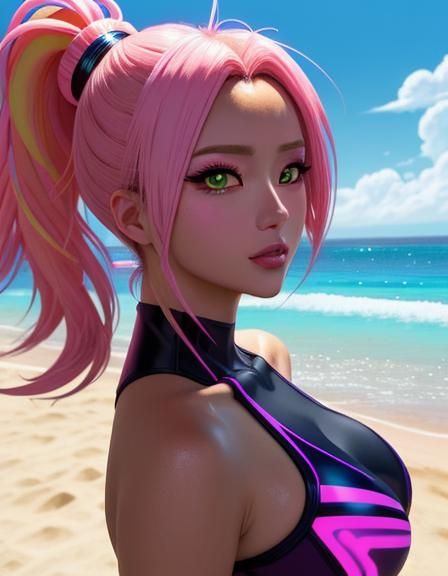 Anime Girl on Beach with Neon Accents