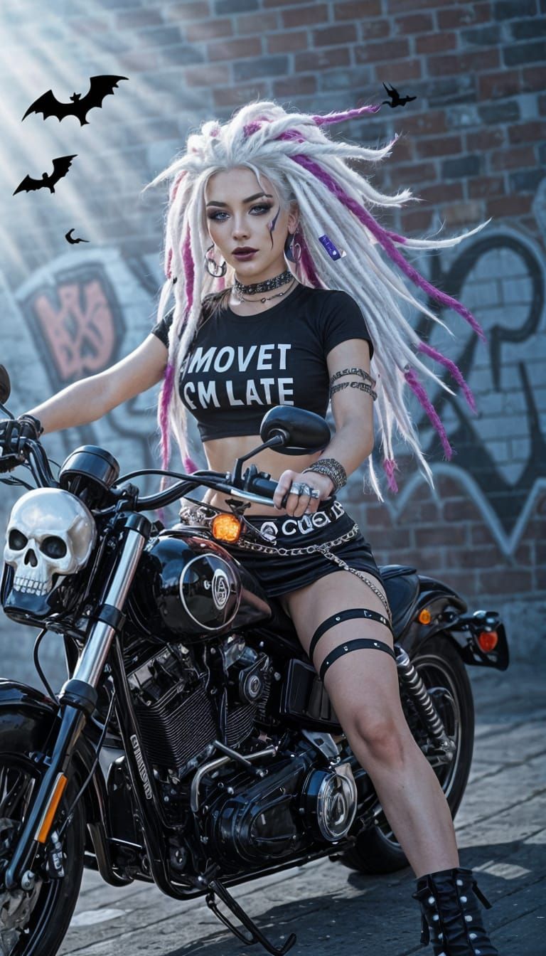 Gothic Woman on Motorcycle in Noir Style