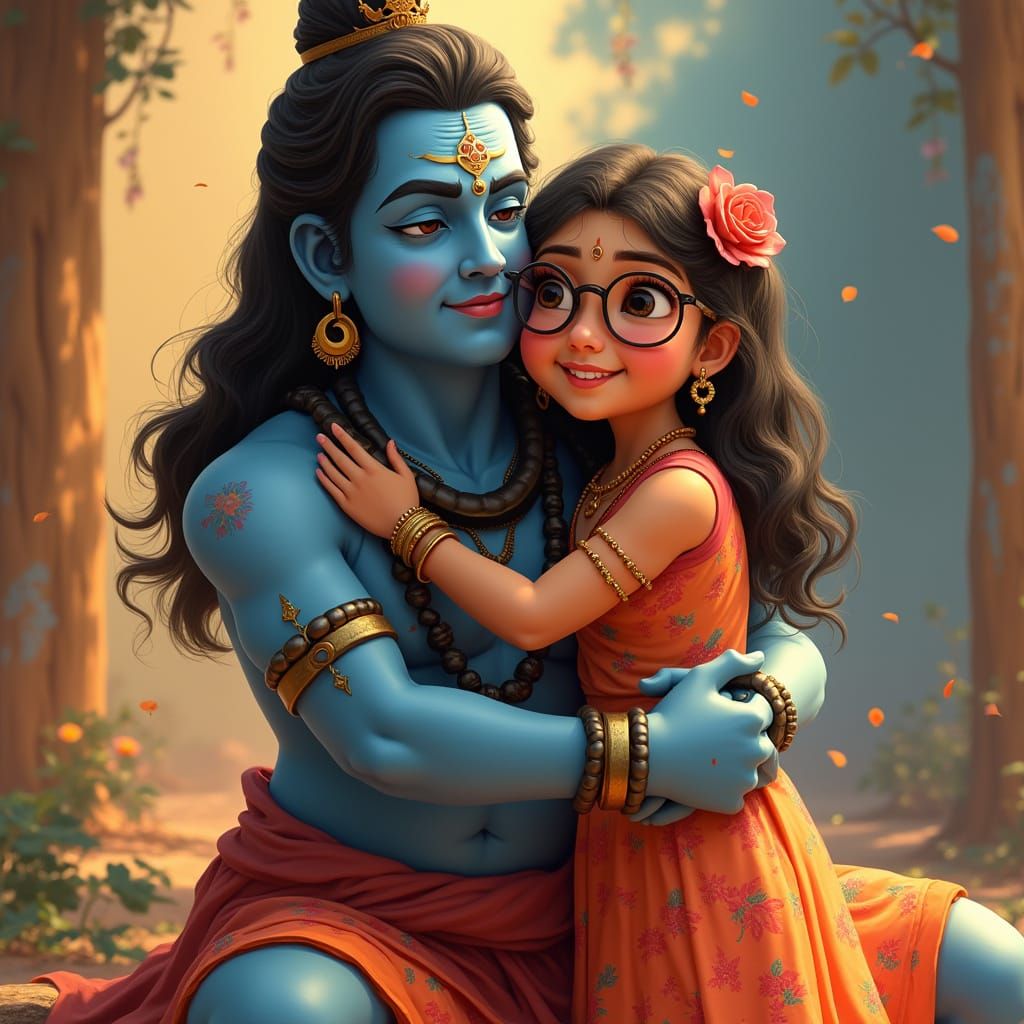 Girl Hugs Lord Shiva in Vibrant Animation Style