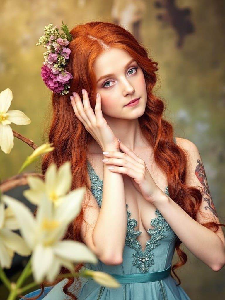 Ethereal Watercolor Portrait of a Maiden with Copper Hair