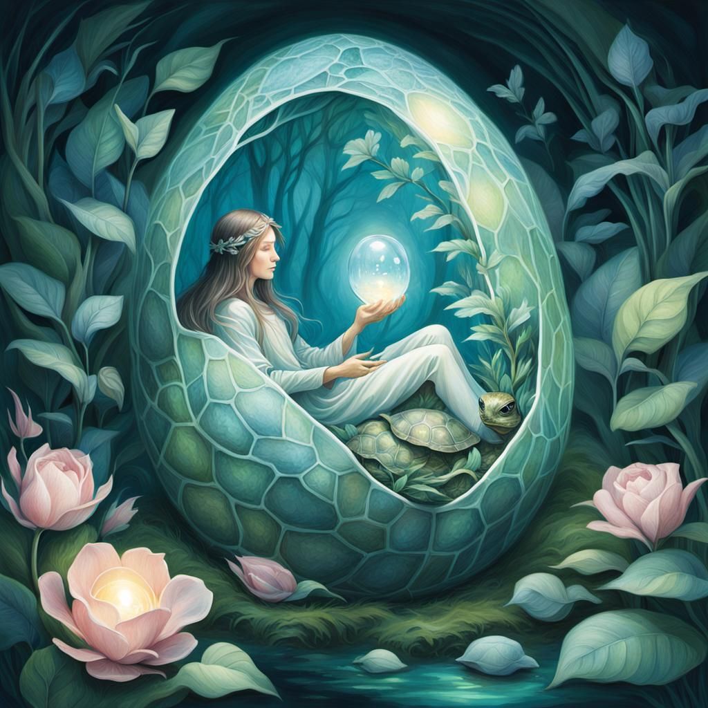 Turtle Girl in Glowing Egg: Whimsical Illustration