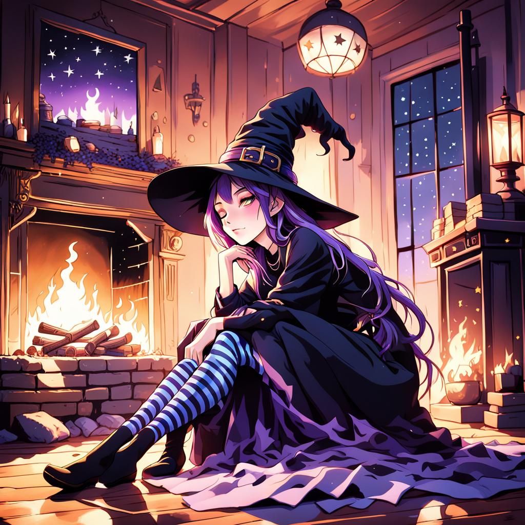 Cute Witch in Vibrant Winter Wonderland