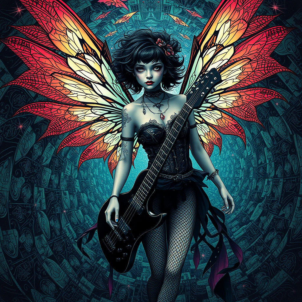 Elastic reality / warped and stretched emo goth punk fairy fused with infinite repeating patterns of morphing guit...