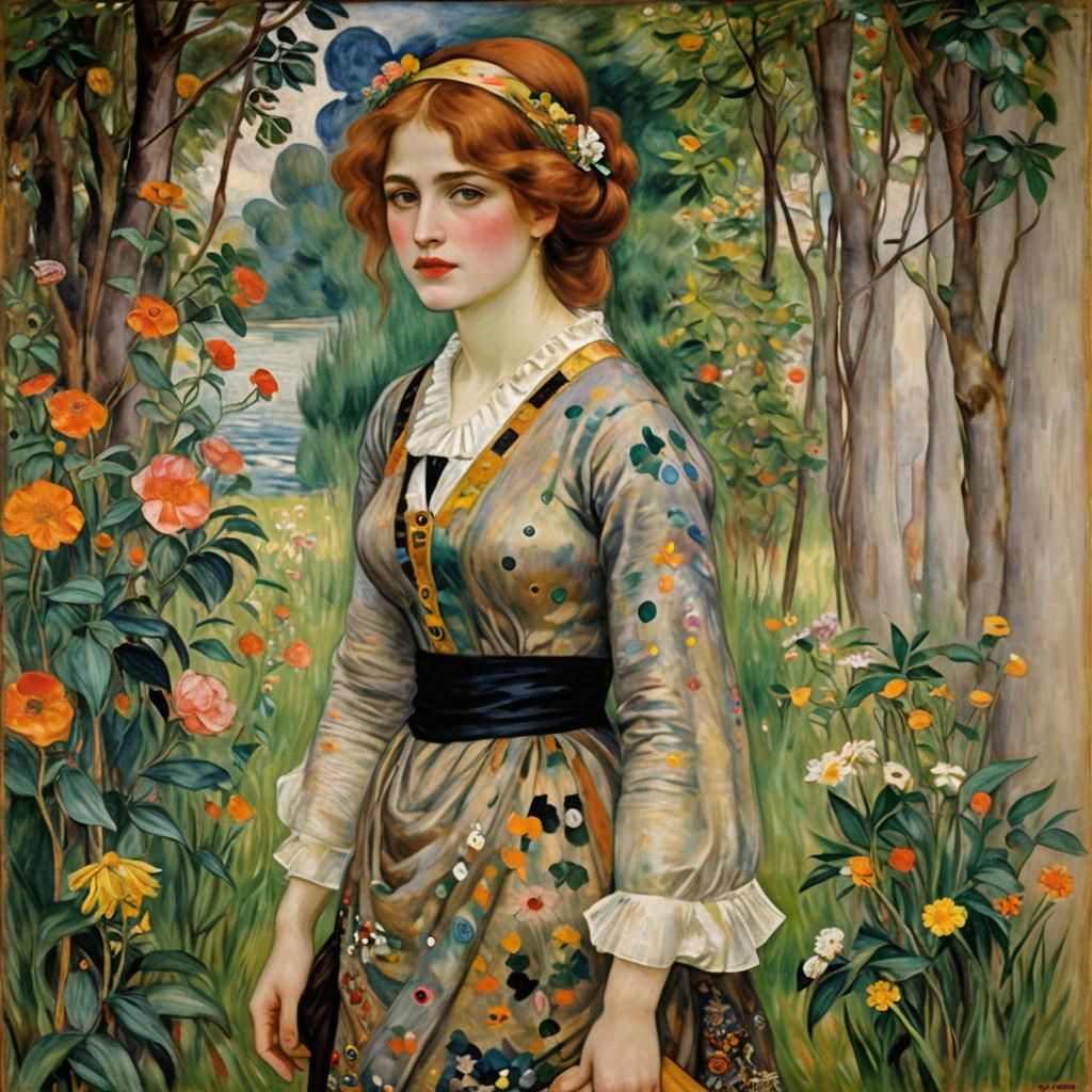 Woman in Klimt, Renoir, and Waterhouse Style