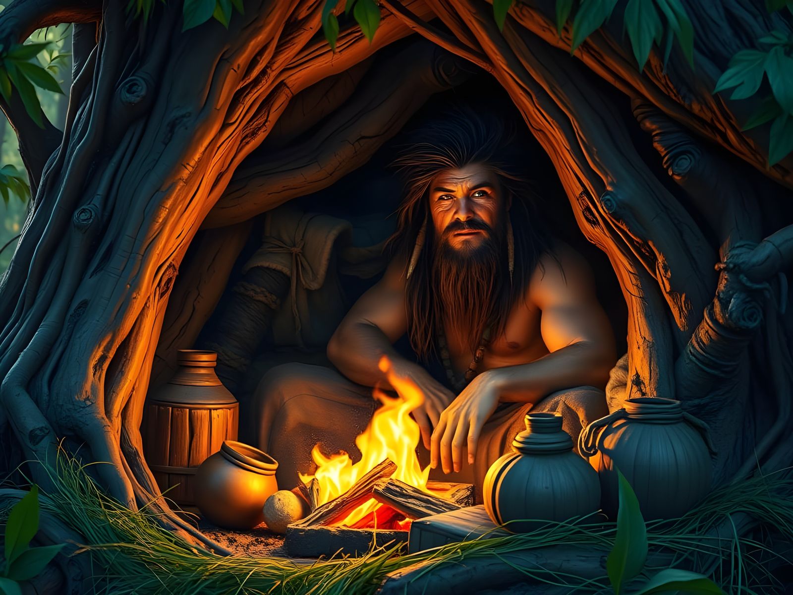 Cozy Paleolithic Treehouse Scene