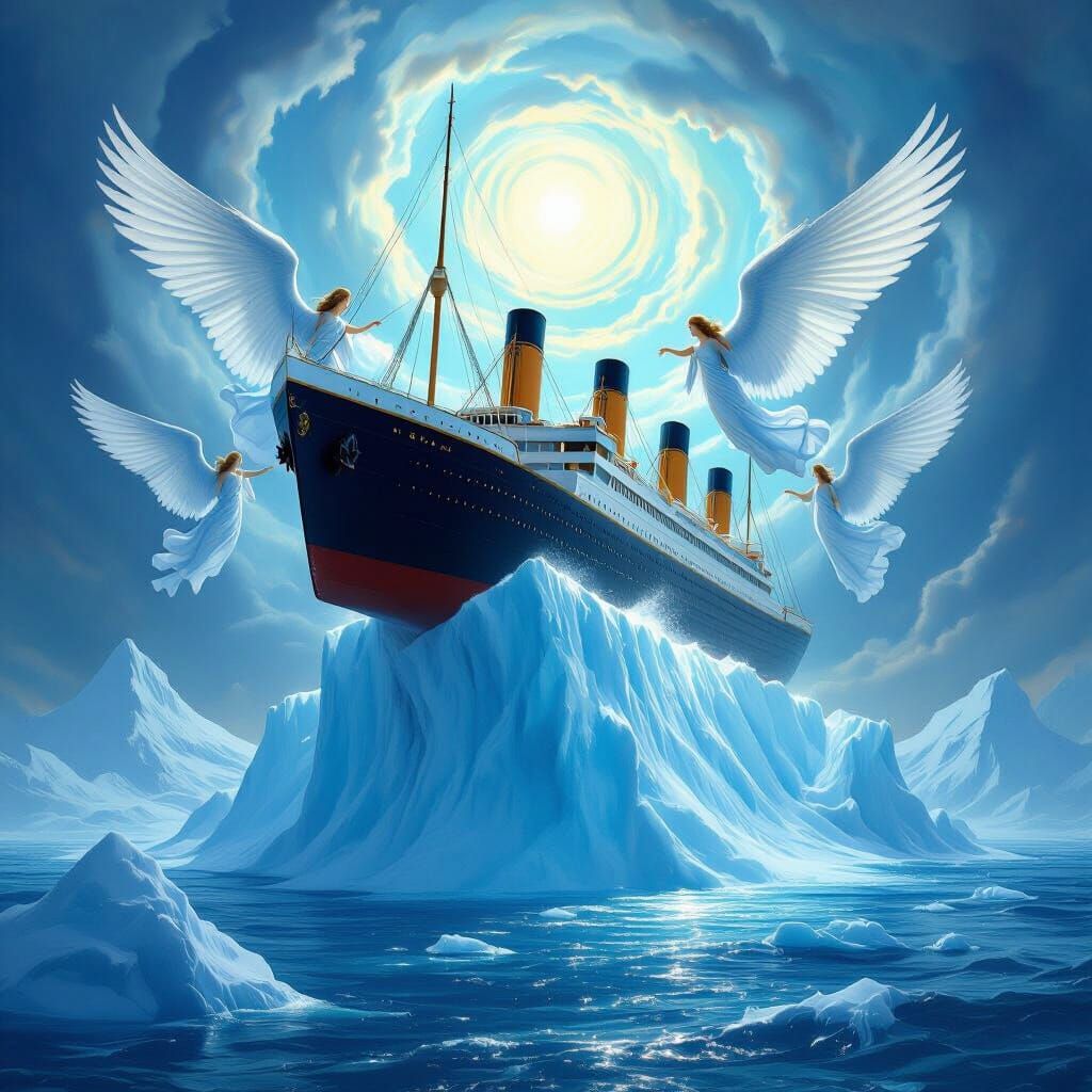 Angels Lift Titanic Above Iceberg in Epic Fantasy Art