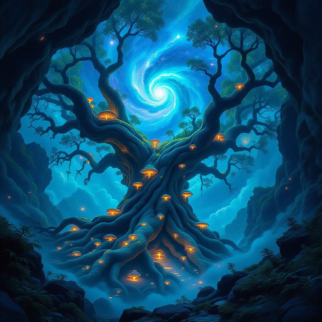 Ancient Tree in Bioluminescent Cavern Under Nebula