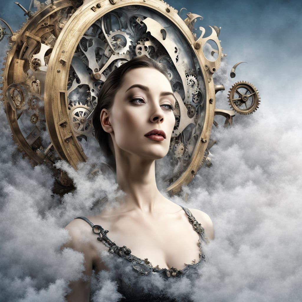 Surrealistic Dreamscape with Woman Amidst Melting Clockwork