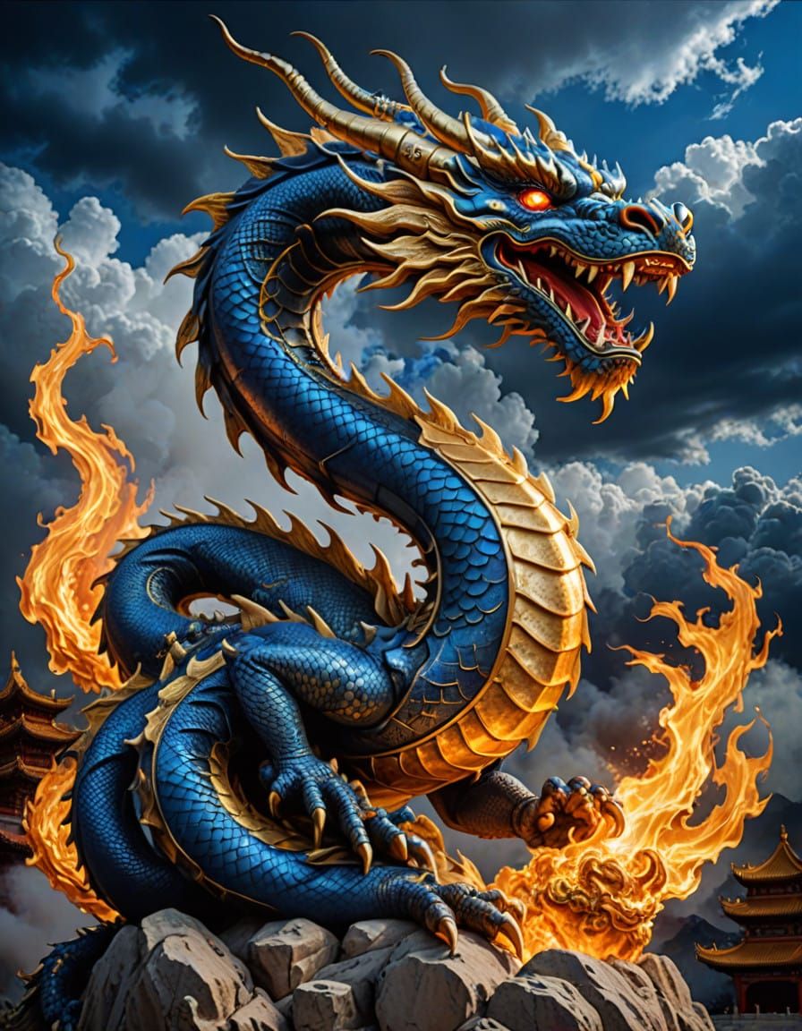 Sapphire Dragon Soaring Through Stormy Skies